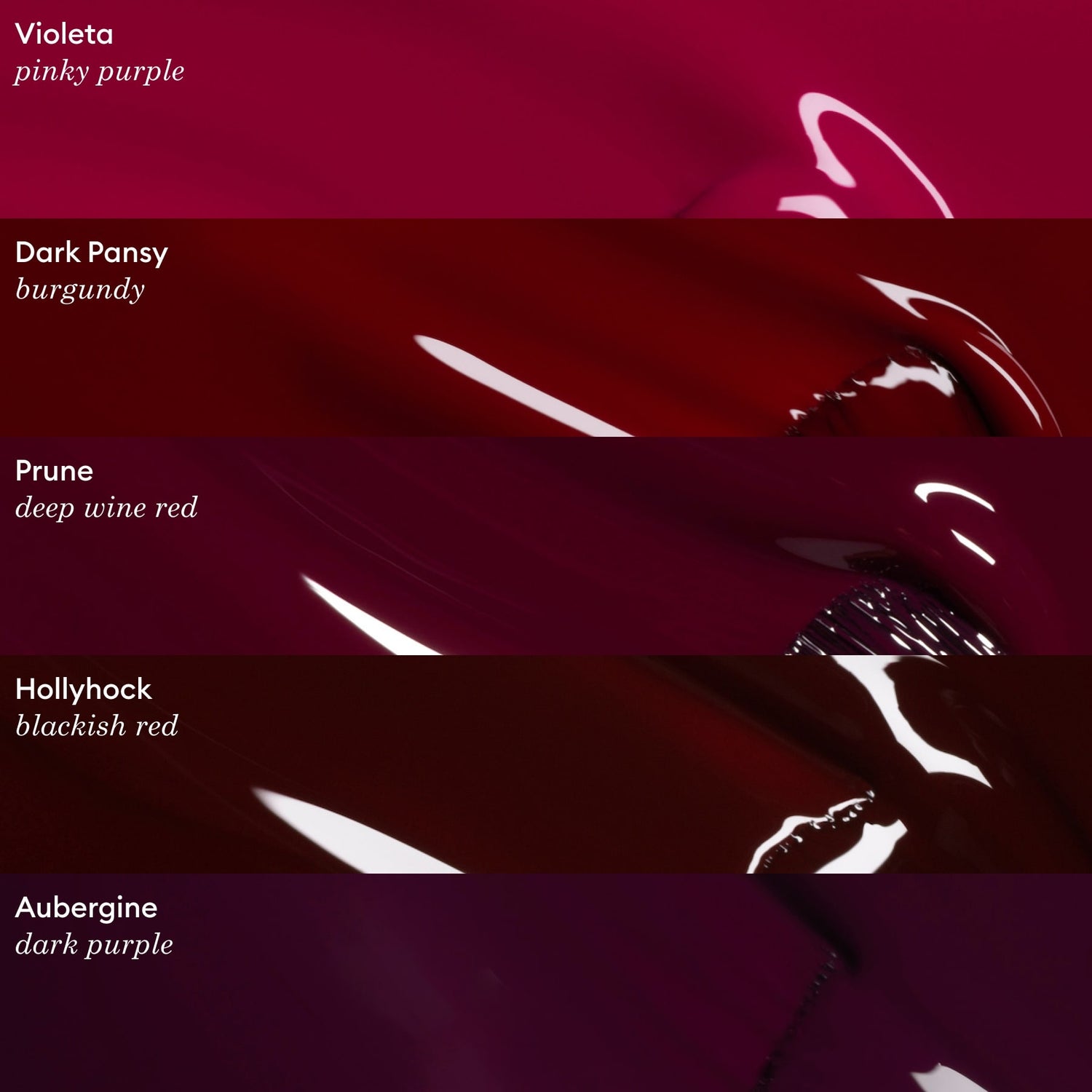 Five swatches of glossy nail polish—including Manucurist’s Grenat gel polish—shine in shades from pinky purple to dark purple, labeled: Violeta, Dark Pansy, Prune, Hollyhock, and Aubergine. Each features corresponding color descriptions, ranging from vibrant earthy red to deep maroon red gel polish tones.