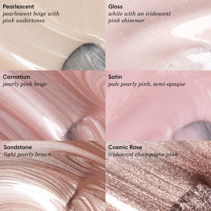 Six makeup swatches labeled: Pearlescent (beige with pink), Gloss (white iridescent pink), Carnation (pearly pink), Satin (pale pink), Manucurist Sandstone (shimmering latte brown), and Cosmic Rose (champagne pink).