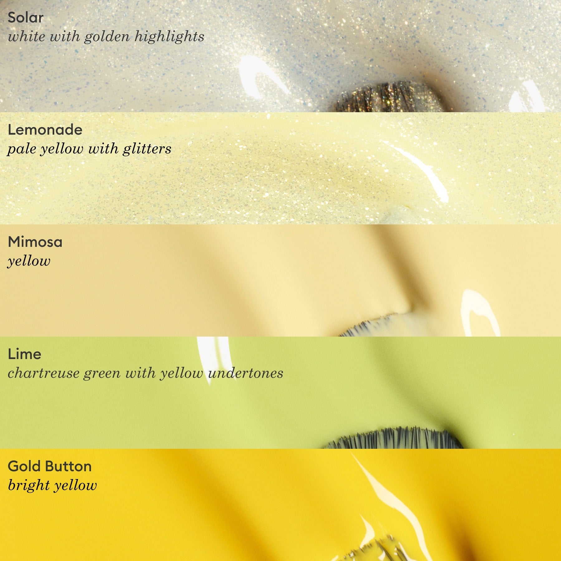 Five horizontal swatches of yellow Manucurist nail polish: Solar (white with golden highlights), Lemonade (pale yellow with glitters), Mimosa (yellow), Lime (chartreuse green from the Green range), and Gold Button (bright buttercup yellow).