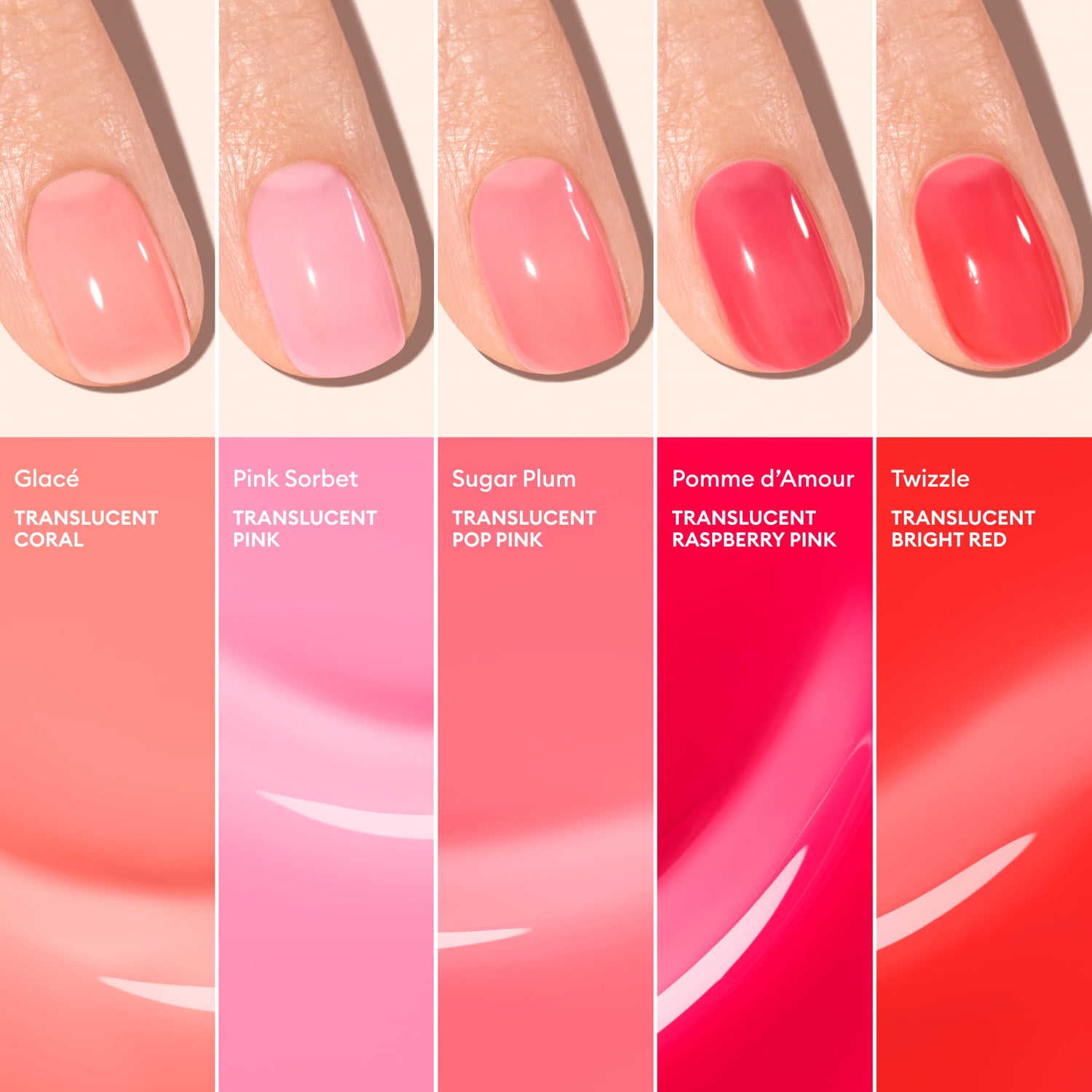 Close-up of five manicured nails, each painted with a different Manucurist Glacé translucent jelly shade—coral, pink, pop pink, raspberry pink, and bright red—each ultra-glossy and labeled with its name and description.