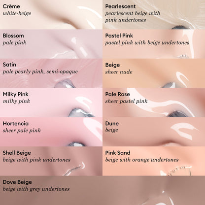 A chart displays 12 nude and sheer nail polish swatches with names and descriptions, featuring shades such as Beige by Manucurist, Crème, Blossom, Satin, Hortencia, Pink Sand, Dove Beige, Pearlescent, Pastel Pink, Pale Rose, Dune, and Shell Beige.