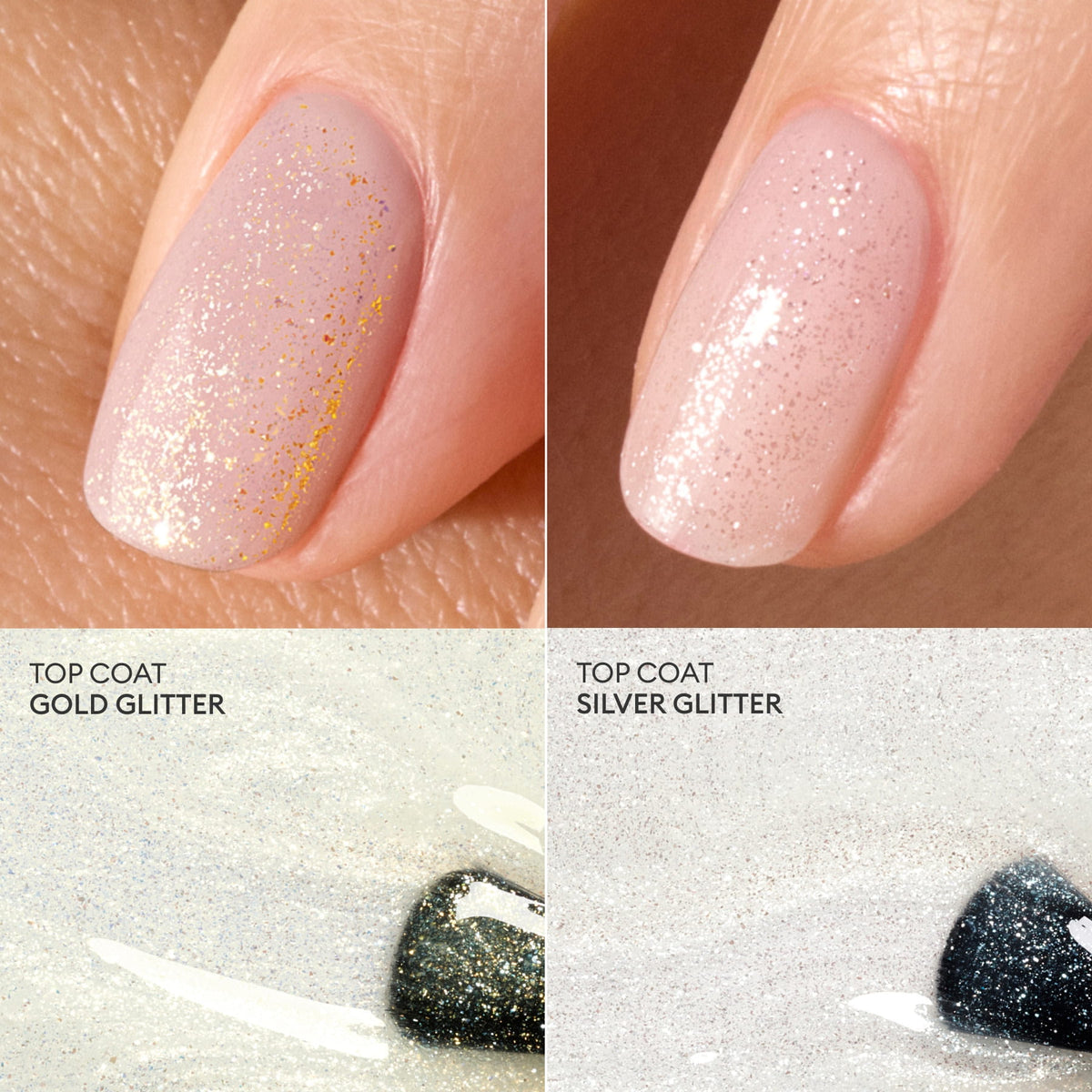 Gros plan sur deux ongles avec un vernis rose transparent, recouverts du Top Coat Glitter de Manucurist en Gold Glitter et Silver Glitter, mettant en valeur une manucure à la brillance durable au-dessus de nuanciers étiquetés pour chaque teinte.
