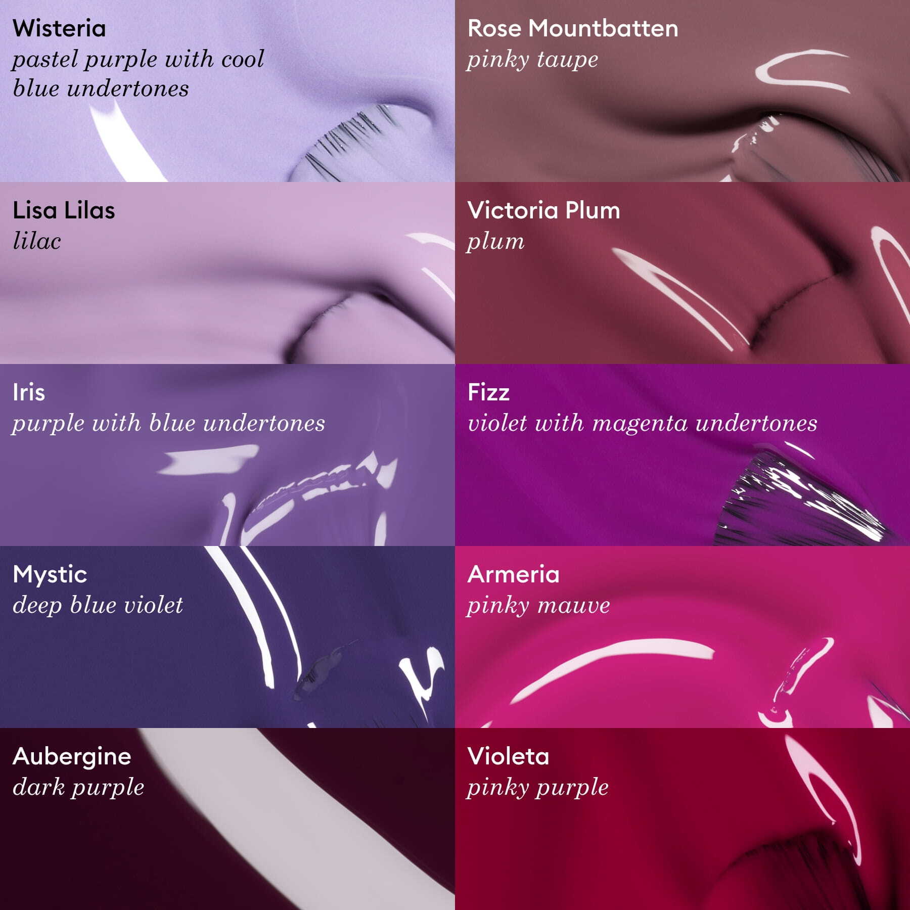 A grid of nine purple nail polishes, including Wisteria by Manucurist (pastel purple gel polish), Lisa Lilas, Iris, Mystic, Aubergine, Rose Mountbatten, Victoria Plum, Fizz Armeria, and Violeta—ideal for LED gel polish fans.