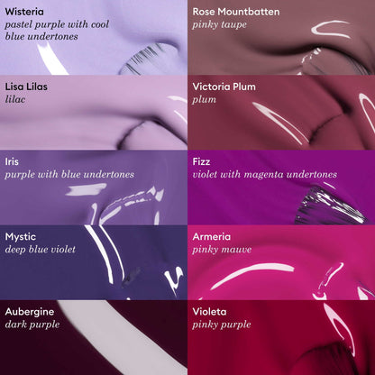 A grid of nine purple nail polishes, including Wisteria by Manucurist (pastel purple gel polish), Lisa Lilas, Iris, Mystic, Aubergine, Rose Mountbatten, Victoria Plum, Fizz Armeria, and Violeta—ideal for LED gel polish fans.