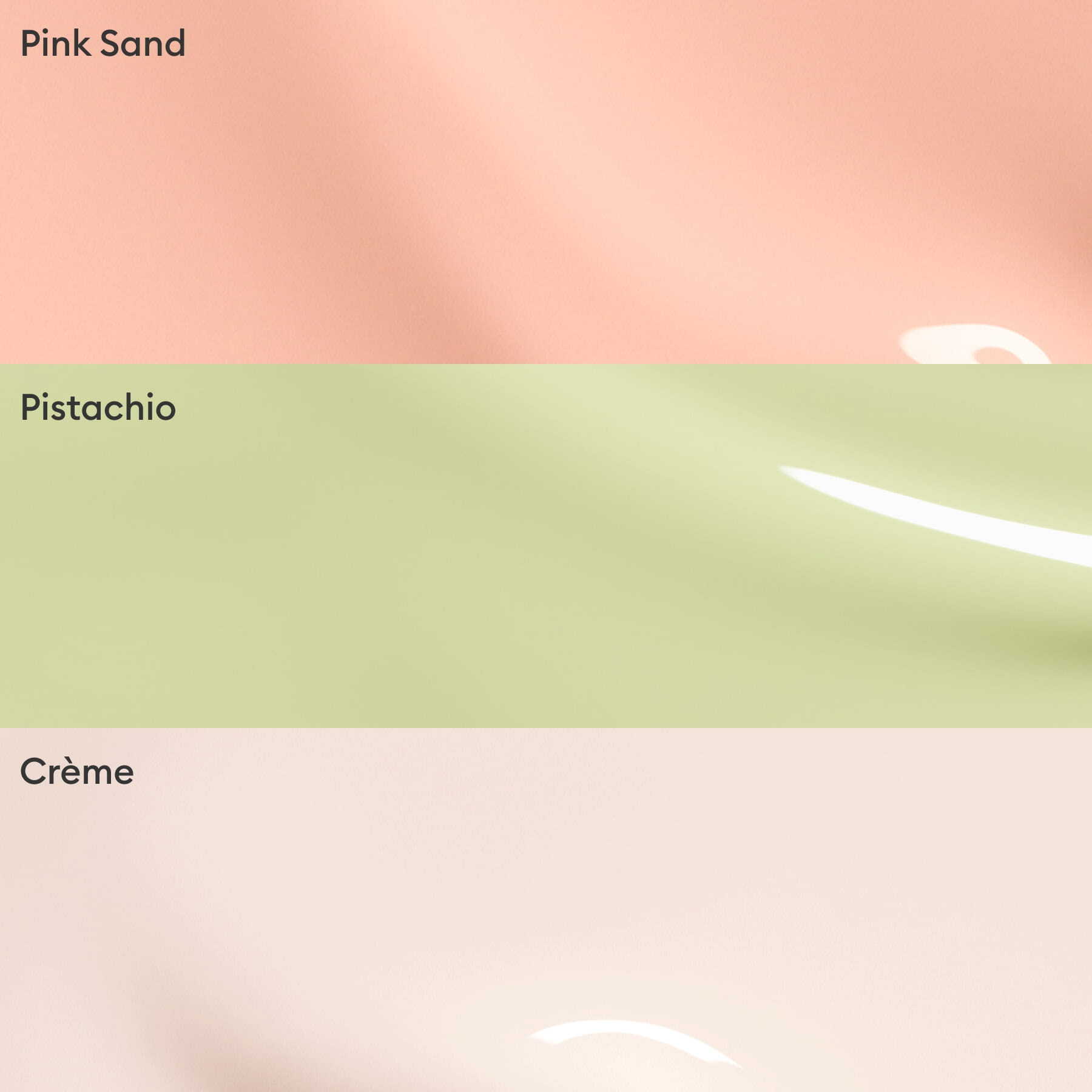 Curated Trios by Manucurist features three glossy shades—Pink Sand (soft pink), Pistachio (light green), and Crème (off-white)—ideal for stylish color palettes and on-trend manicures.