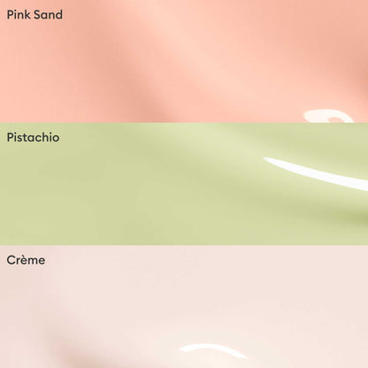 Curated Trios by Manucurist features three glossy shades—Pink Sand (soft pink), Pistachio (light green), and Crème (off-white)—ideal for stylish color palettes and on-trend manicures.