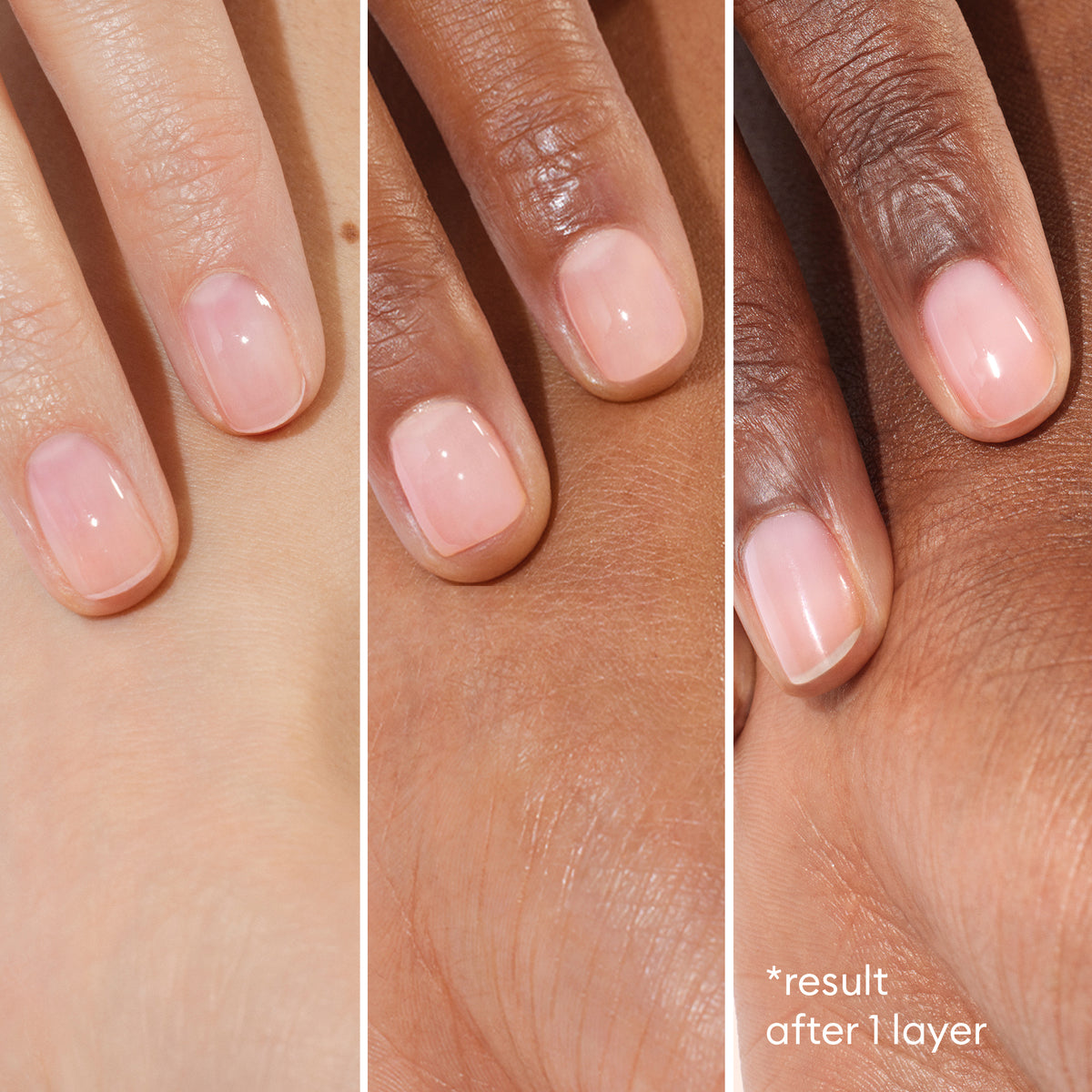 Trois gros plans montrent des mains aux différentes carnations, chacune portant le Healthy Glow Duo de Manucurist — un vernis rose clair transparent et brillant. Le texte dans le coin indique : résultat après 1 couche.