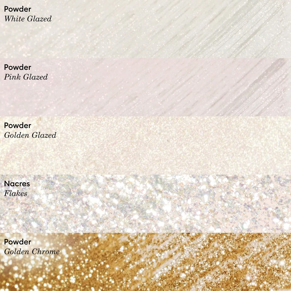 Cinq nuanciers horizontaux de poudre effet glacé rose Manucurist présentent différentes finitions nacrées — blanc glacé, rose glacé, doré glacé, flocons irisés et chrome doré — chacun identifié par son nom.