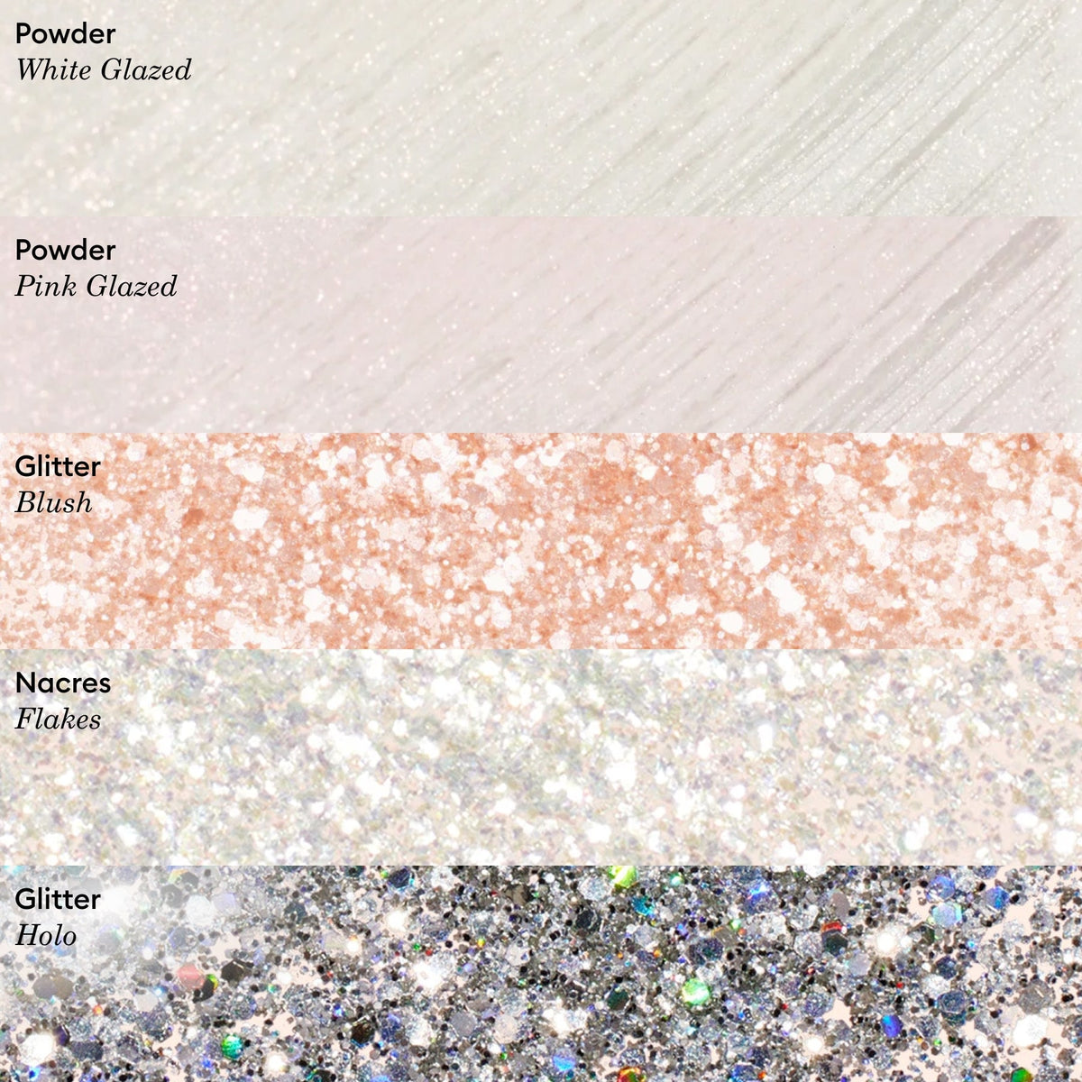 Five horizontal swatches of Manucurist Pearlescent Glitter Flakes—white glazed, pink glazed, blush glitter, silver flakes, and holographic glitter—highlight unique textures. Labels on the left indicate each type and color.