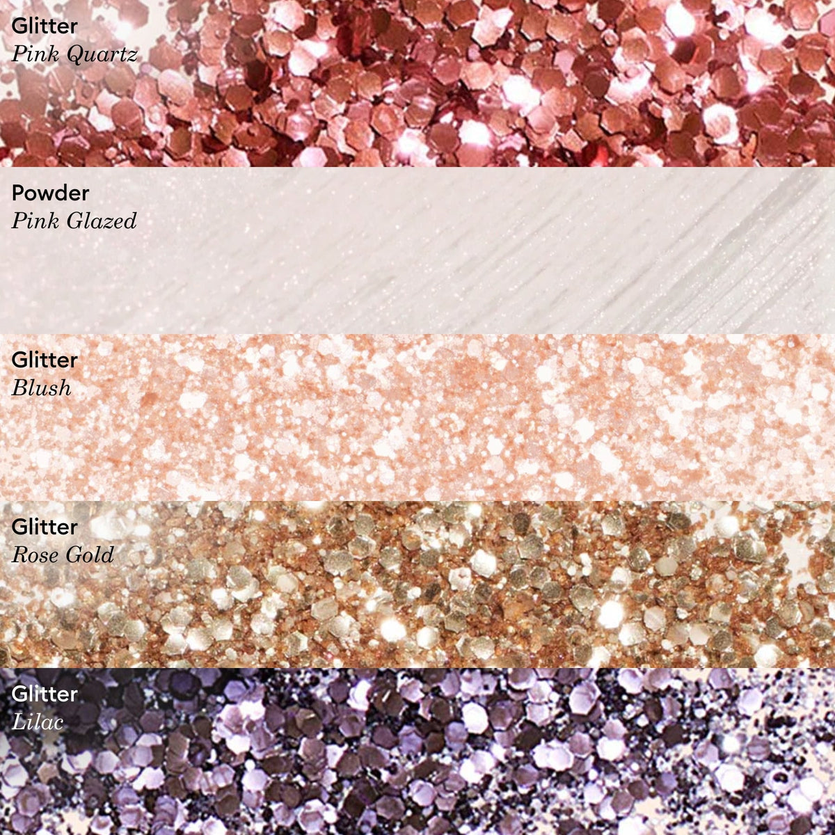 Cinq échantillons horizontaux présentent : Pink Quartz Biodegradable Glitter de Manucurist (paillettes roses), Pink Glazed (poudre rose pâle), Blush (paillettes rose clair), Rose Gold (paillettes or rose) et des paillettes violettes — parfaits pour le Nail Art.