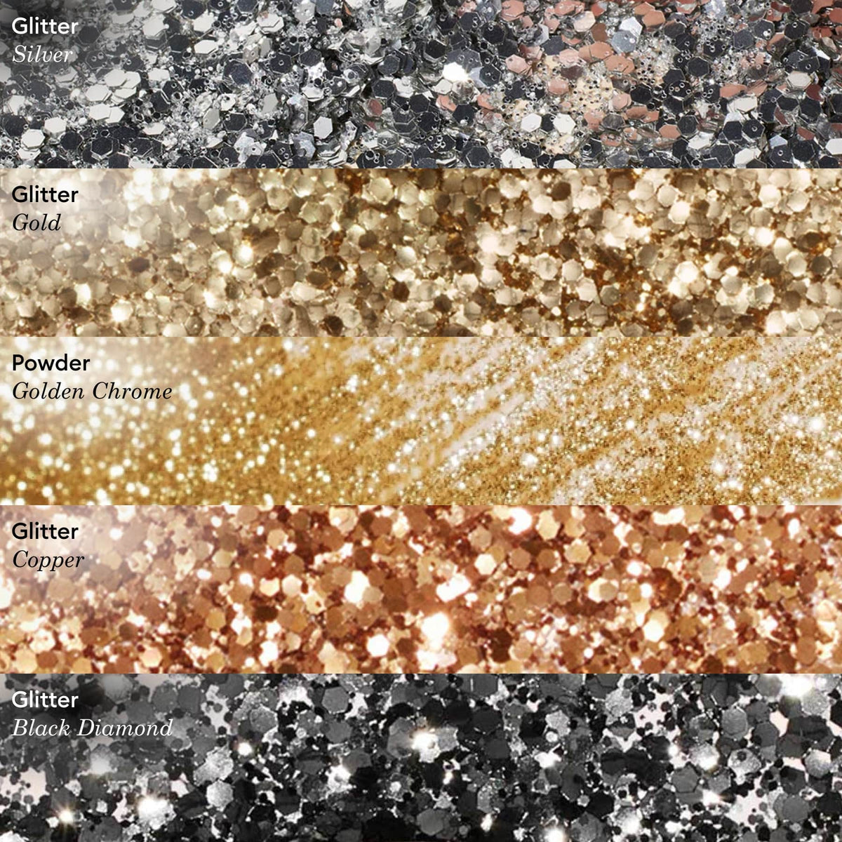 Five horizontal bands—silver, Manucurist Gold Biodegradable Glitter, golden chrome powder, copper, and black diamond—form a striking palette. Each band sparkles with unique reflective particles and is clearly labeled by color and gel polish.