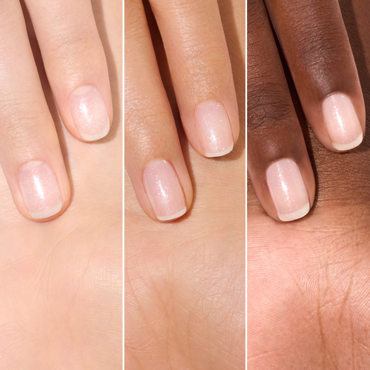 Trois mains aux carnations différentes portent chacune la teinte Active™ Shine Icy de Manucurist, un vernis rose pâle transparent, scintillant et lumineux. L’image est divisée en trois sections verticales et montre comment son effet lumineux met en valeur différentes carnations, célébrant ainsi un soin des ongles inclusif.