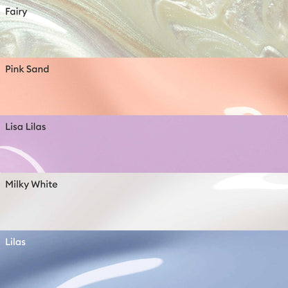 Five horizontal swatches from Manucurist’s Curated Color Collections—Fairy (shimmery cream), Pink Sand (soft pink), Lisa Lilas (light purple), Milky White (sheer white), and Lilas (lavender-blue)—showcase glossy, marbled finishes.