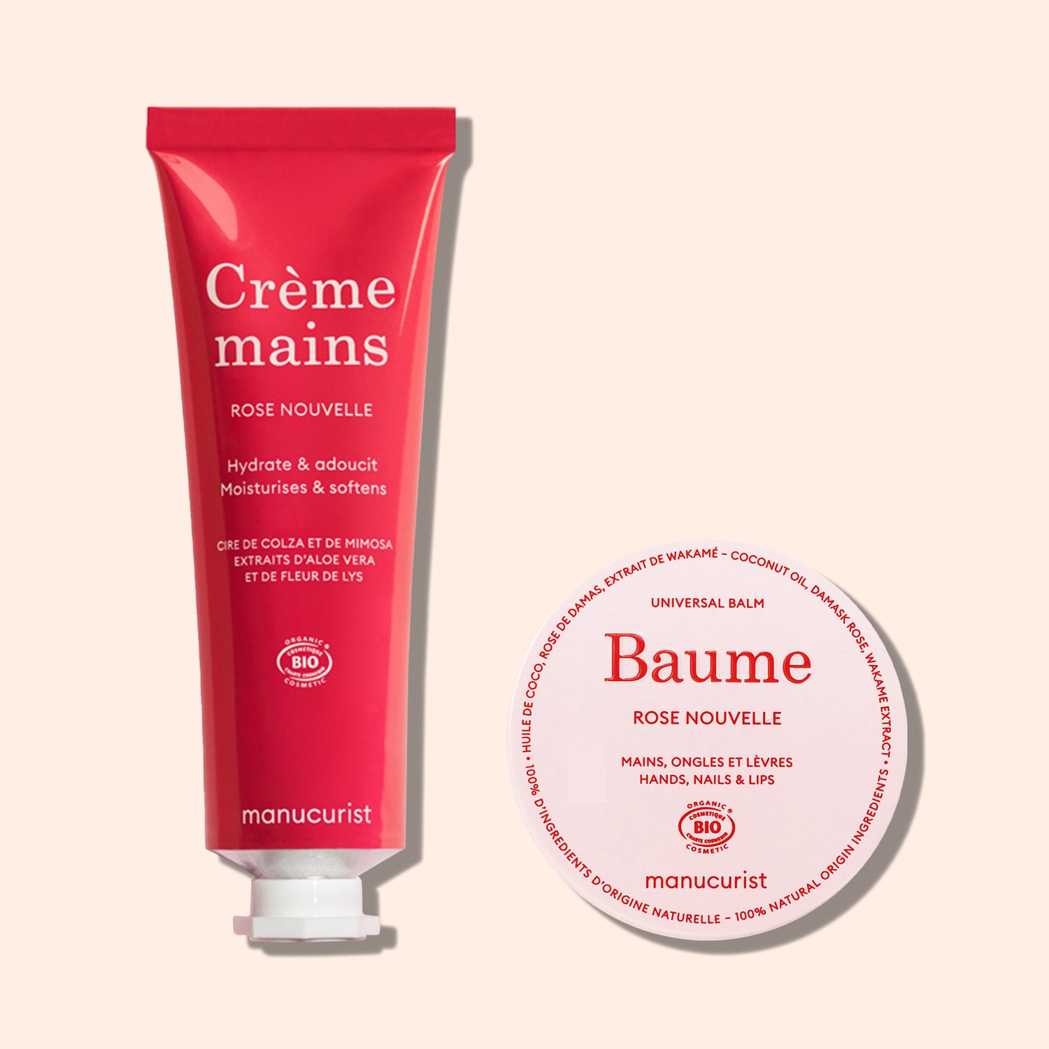 A pink tube of Manucurist Everyday Rose Hand Cream - Cosmos Organic and a matching round rose-scented Baume for hands, nails, and lips are displayed on a light background.