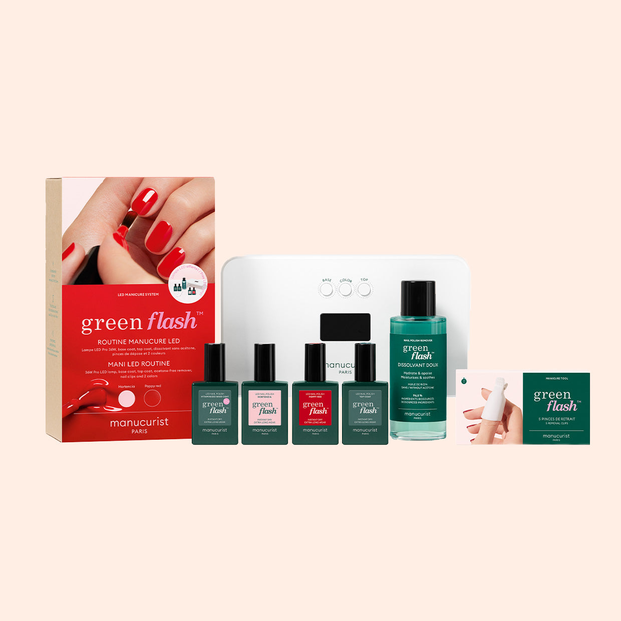 The [Influence] Kit Pro 36W Poppy Red  Hortencia by Manucurist-test includes a red and beige box, four nail polishes, a white LED lamp, green remover bottle, and booklet displayed on a light background.