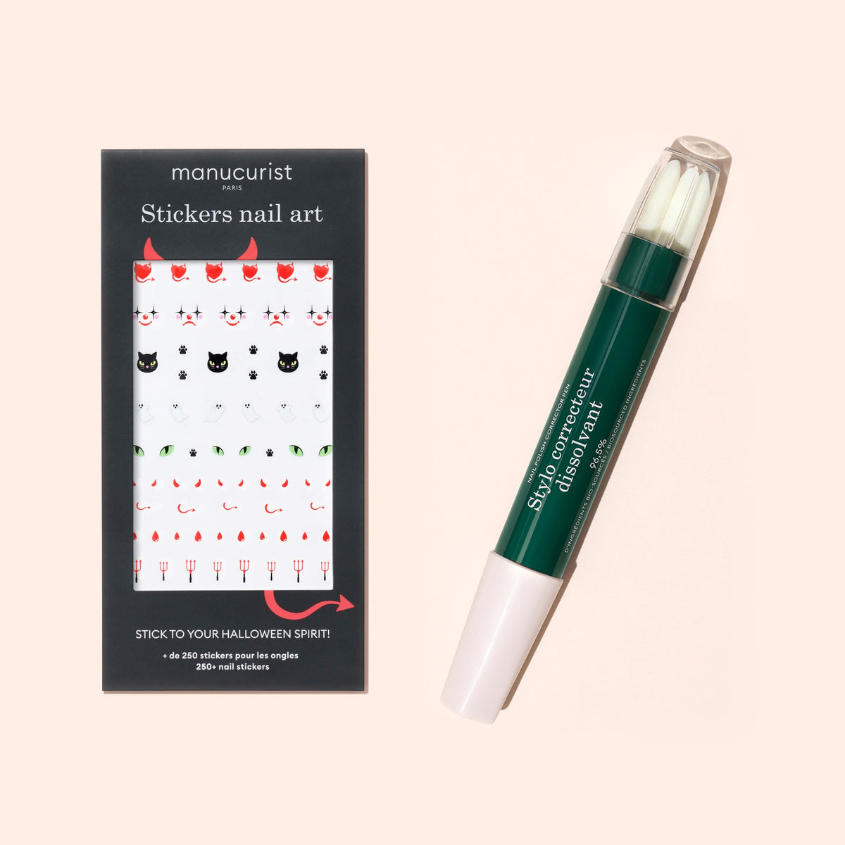 Free Halloween Stickers + Corrector Pen set featuring ghost, cat, and red horn nail stickers alongside a green nail polish corrector pen.