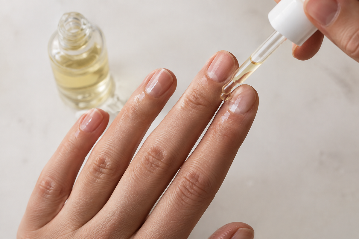 Huile hydratante sur cuticules et ongles nus
