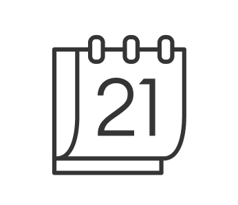 A simple black and white line drawing of a calendar page with the number 21 displayed, suggesting a date or appointment.