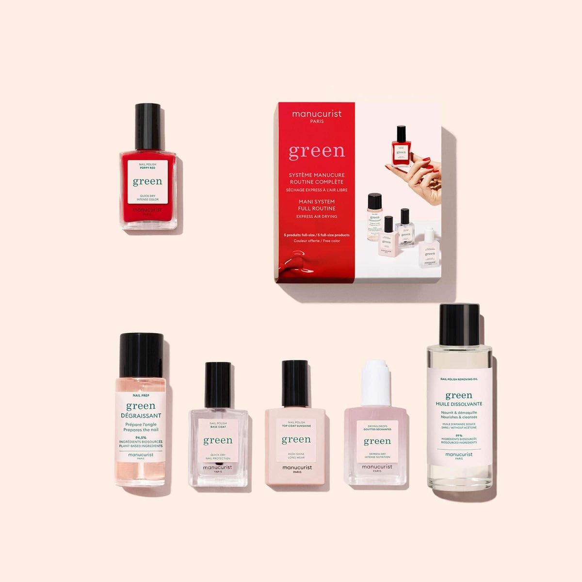 Le Discovery Kit Manucurist comprend sept produits de manucure : un vernis à ongles rouge d’origine végétale, quatre petits flacons transparents, un flacon moyen contenant un liquide rose et un grand flacon transparent, le tout présenté sur un fond beige clair.