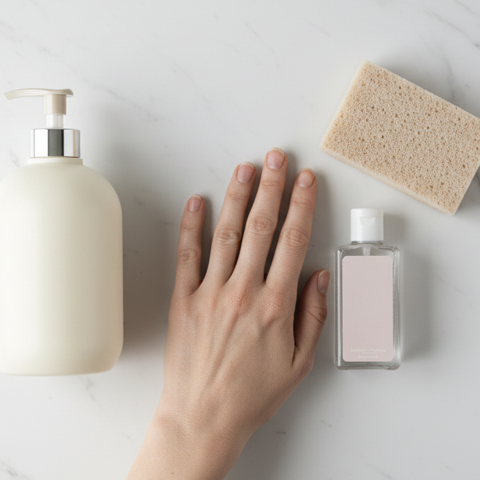 Main sèche avec savon et gel hydroalcoolique