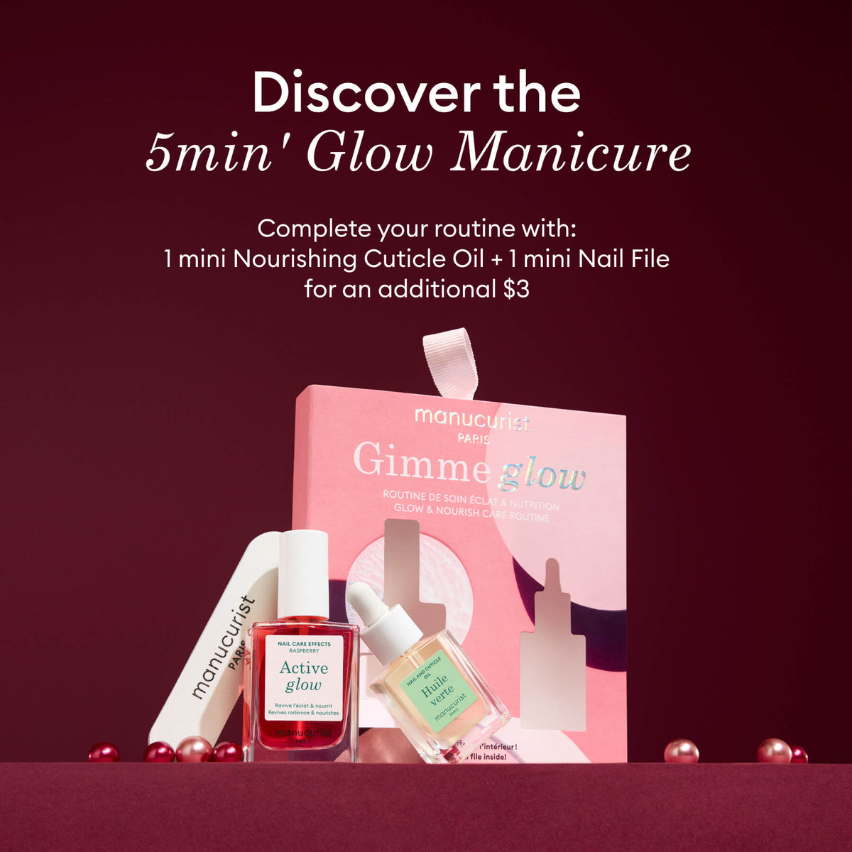 Une image promotionnelle pour la Manucure Glow en 5 min présente un coffret de manucure, une mini lime à ongles, le vernis Active Glow et l&
