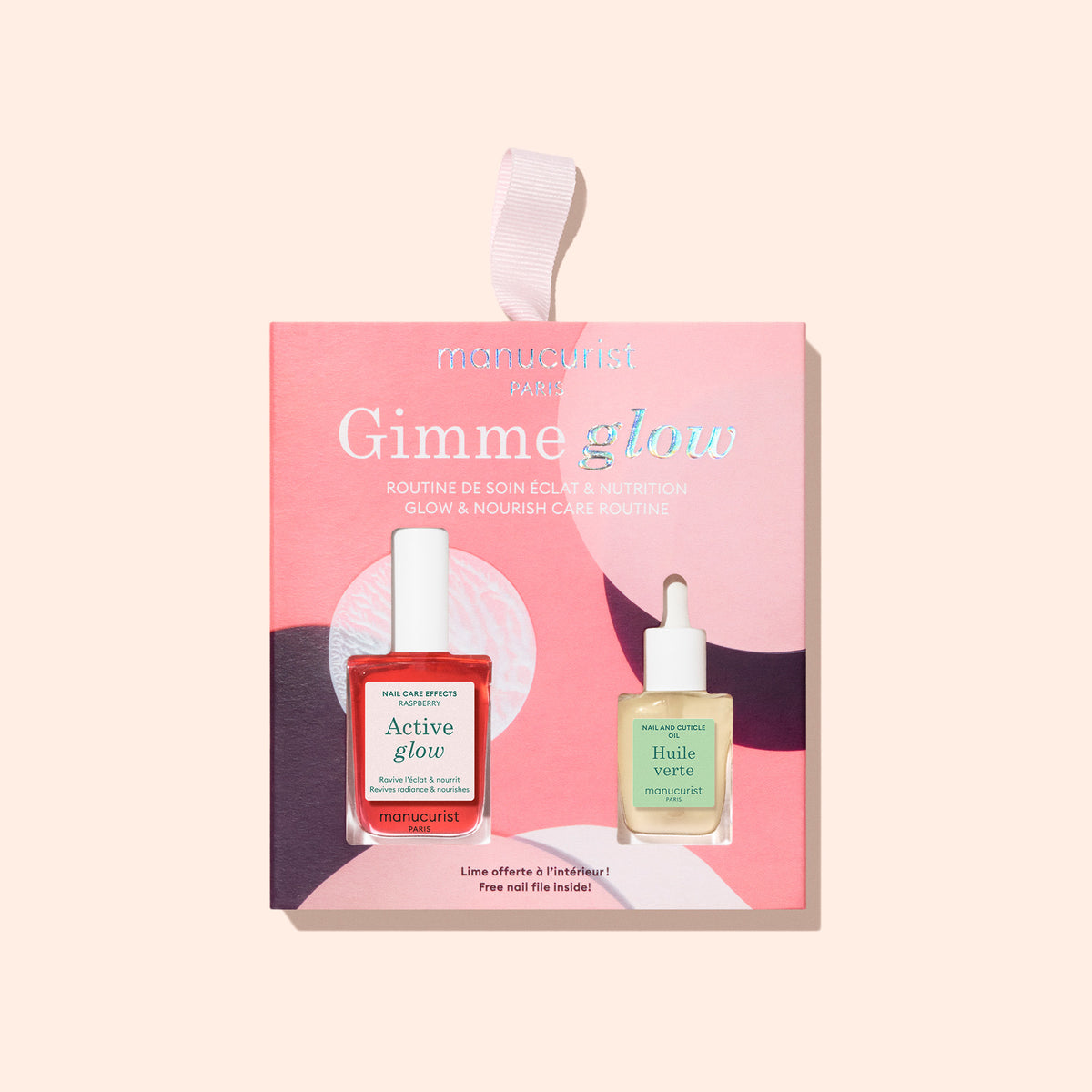 Un coffret rose aux motifs abstraits intitulé "5min&