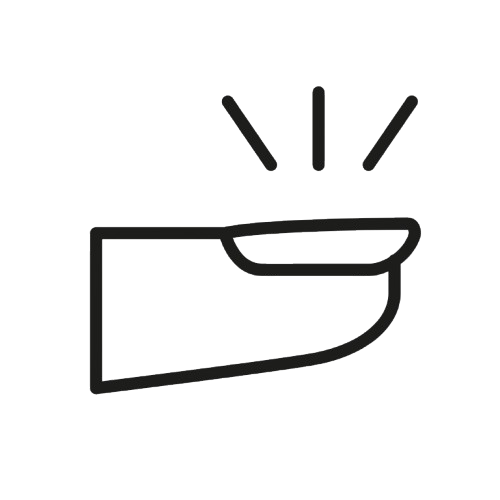 A simple black outline of an extended finger with three lines above it, suggesting a tapping or pressing motion, on a plain light background.