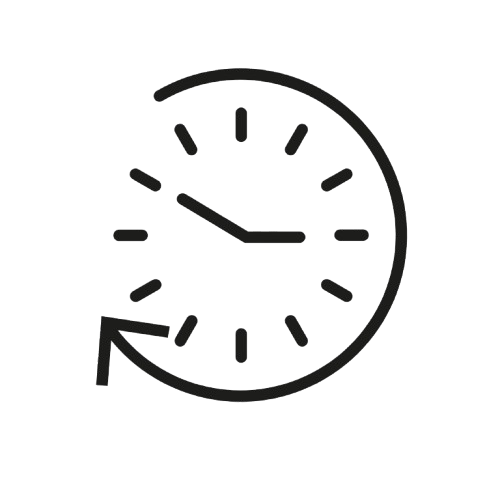 A simple black clock icon with an arrow curving counterclockwise around it, suggesting the concept of time going backward or returning to a previous point.