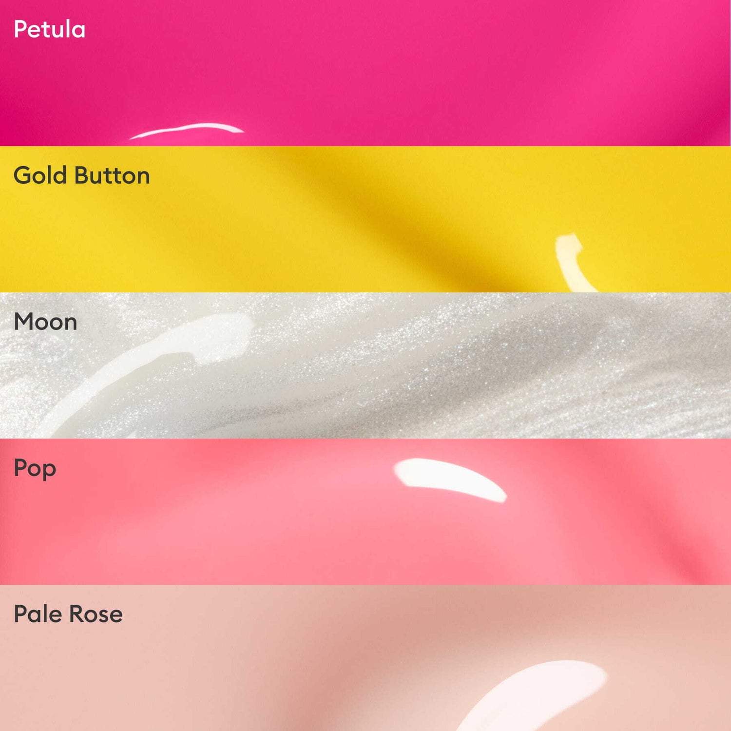 Five horizontal swatches labeled: Petula, Gold Button, Moon, Pop, and Pale Rose—shades from Manucurist’s Curated Color Collections, inspired by the latest manicure trends.