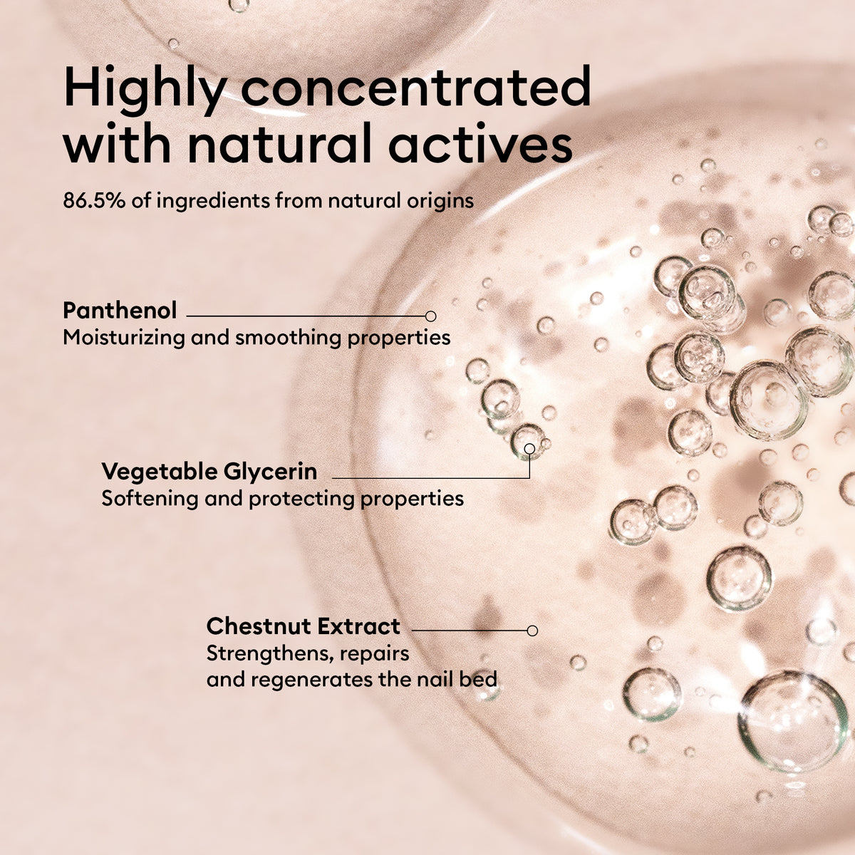 Gros plan sur le gel transparent à bulles du Sérum Hydratant Manucurist, mettant en valeur trois actifs naturels : le Panthénol (hydratant), la Glycérine Végétale (adoucissante) et l&