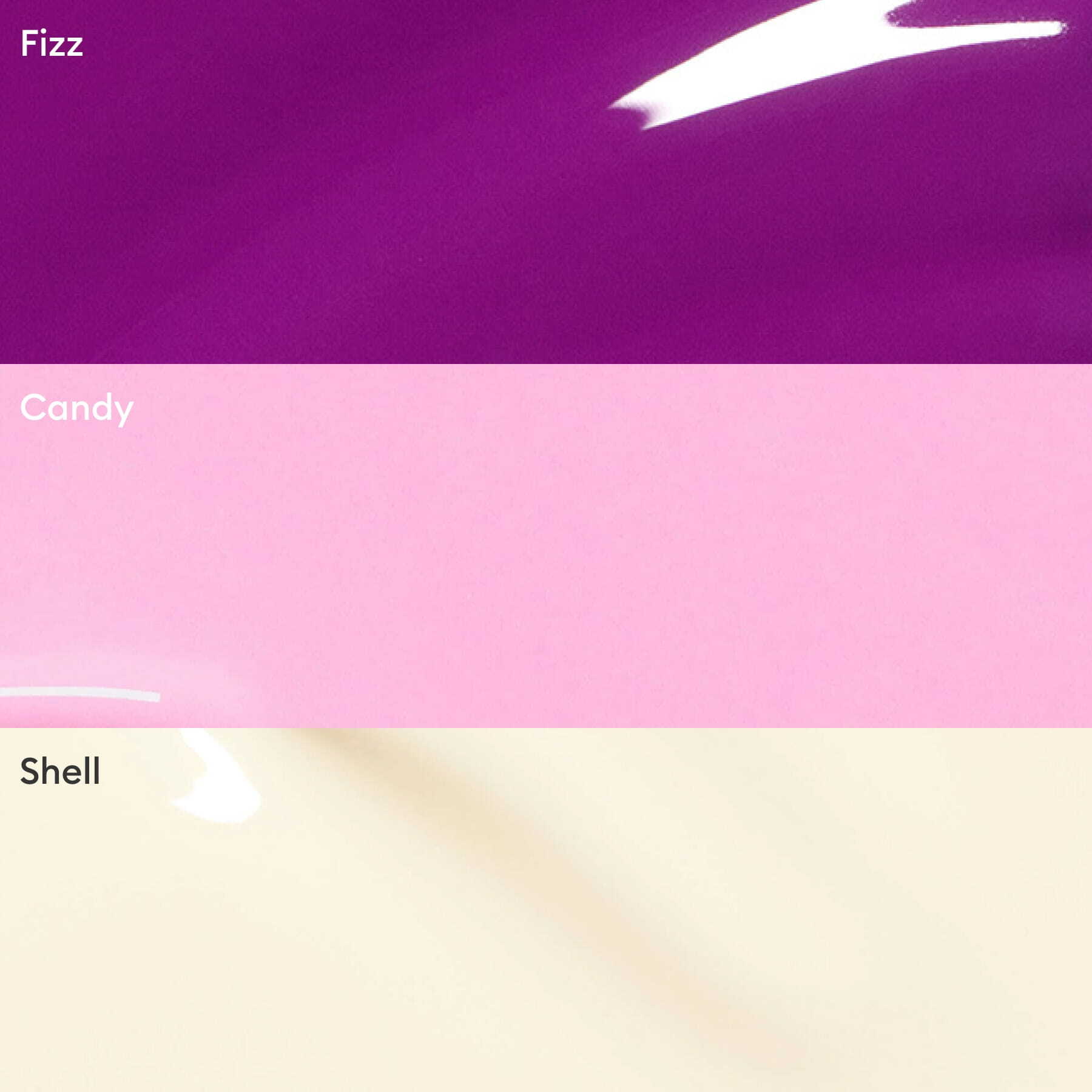 The Manucurist Curated Trios features three glossy shades—Fizz (bright purple), Candy (light pink), and Shell (pale cream)—ideal for creating on-trend color palettes.