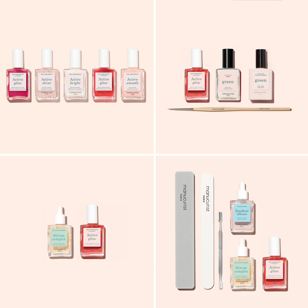 Une vue à plat de divers produits de soin des ongles, dont des vernis à ongles, des flacons de dissolvant, un flacon compte-gouttes, une lime à ongles, un repousse-cuticules et d'autres essentiels de manucure, disposés soigneusement sur un fond beige clair.