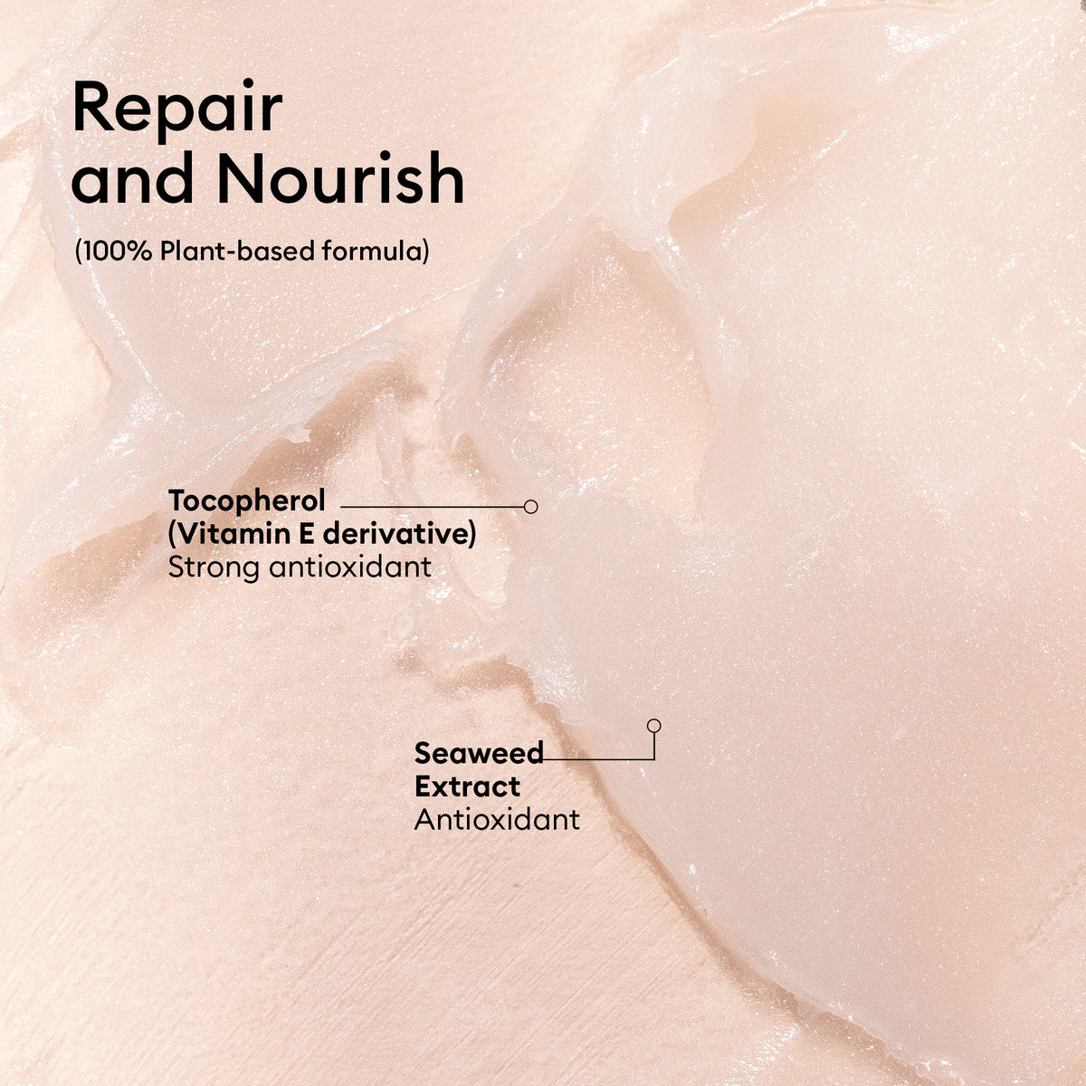 Gros plan sur le Baume Nourrissant Naturel - Cosmos Organic de Manucurist, une formule crémeuse et translucide. Les encadrés mettent en avant le tocophérol et l&
